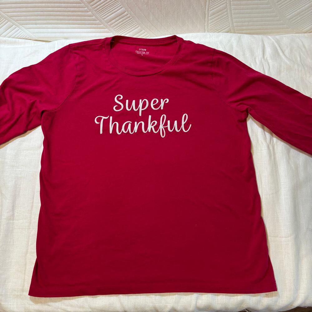J Crew Womens L Collector Tee Super Thankful Red Long Sleeve Thanksgiving Shirt